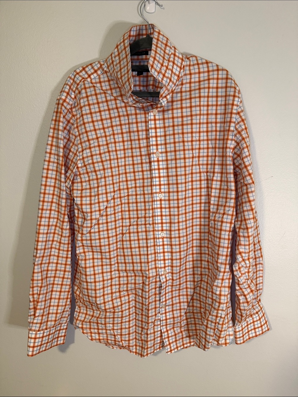 Banana Republic Orange, White & Light Blue Plaid Button-Down, Grant Fit Size L